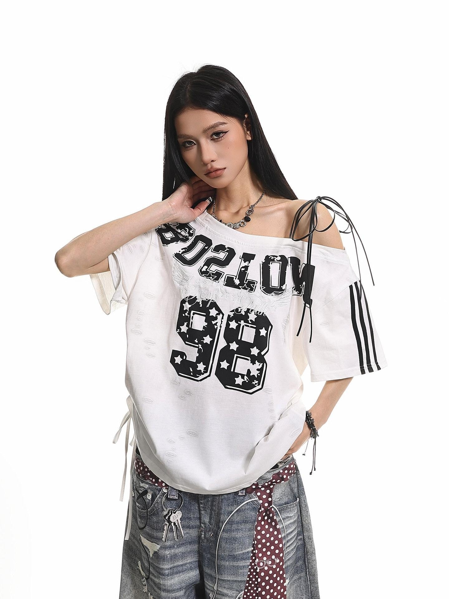 XPKAEAX Retro Print Distressed Tie One Shoulder Women's Breathable Short Sleeve T-shirts
