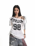 XPKAEAX Retro Print Distressed Tie One Shoulder Women's Breathable Short Sleeve T-shirts