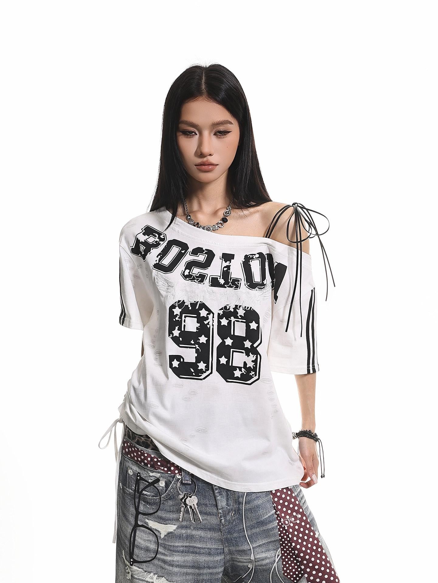 XPKAEAX Retro Print Distressed Tie One Shoulder Women's Breathable Short Sleeve T-shirts