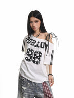 XPKAEAX Retro Print Distressed Tie One Shoulder Women's Breathable Short Sleeve T-shirts