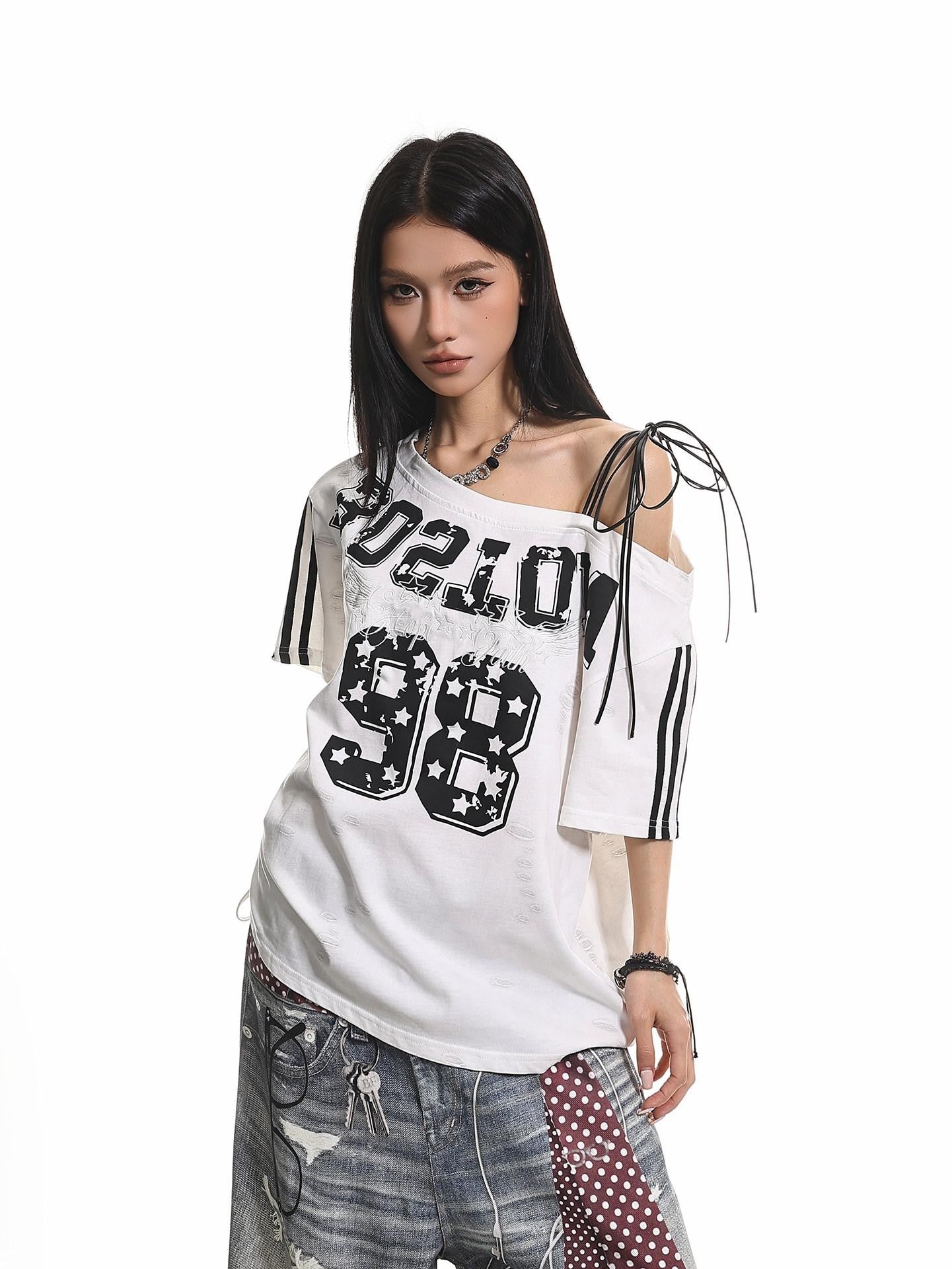 XPKAEAX Retro Print Distressed Tie One Shoulder Women's Breathable Short Sleeve T-shirts