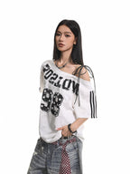 XPKAEAX Retro Print Distressed Tie One Shoulder Women's Breathable Short Sleeve T-shirts