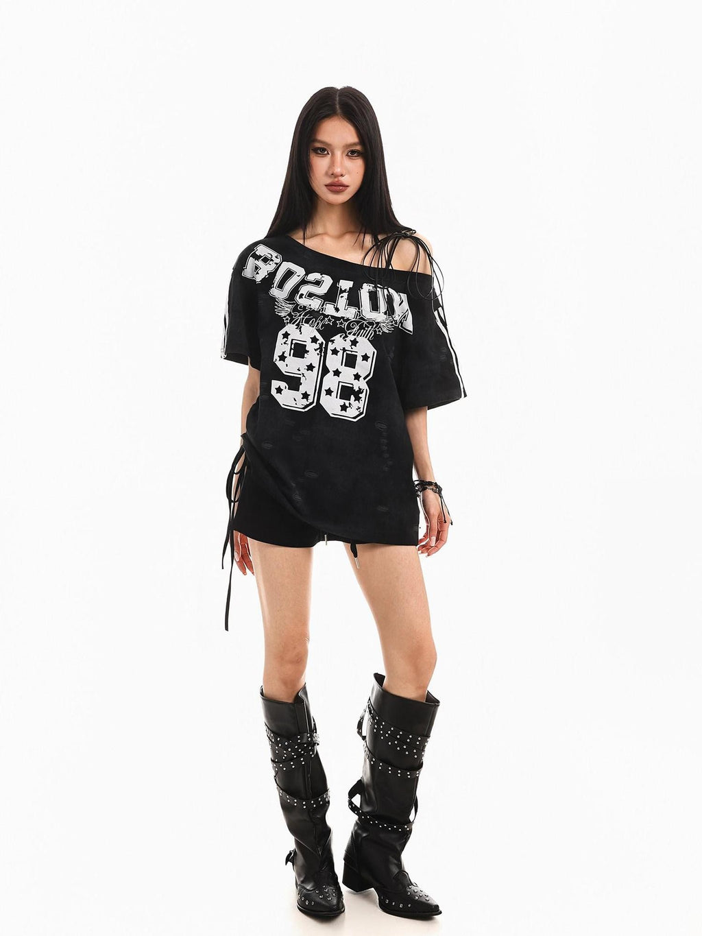 XPKAEAX Retro Print Distressed Tie One Shoulder Women's Breathable Short Sleeve T-shirts