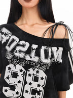 XPKAEAX Retro Print Distressed Tie One Shoulder Women's Breathable Short Sleeve T-shirts