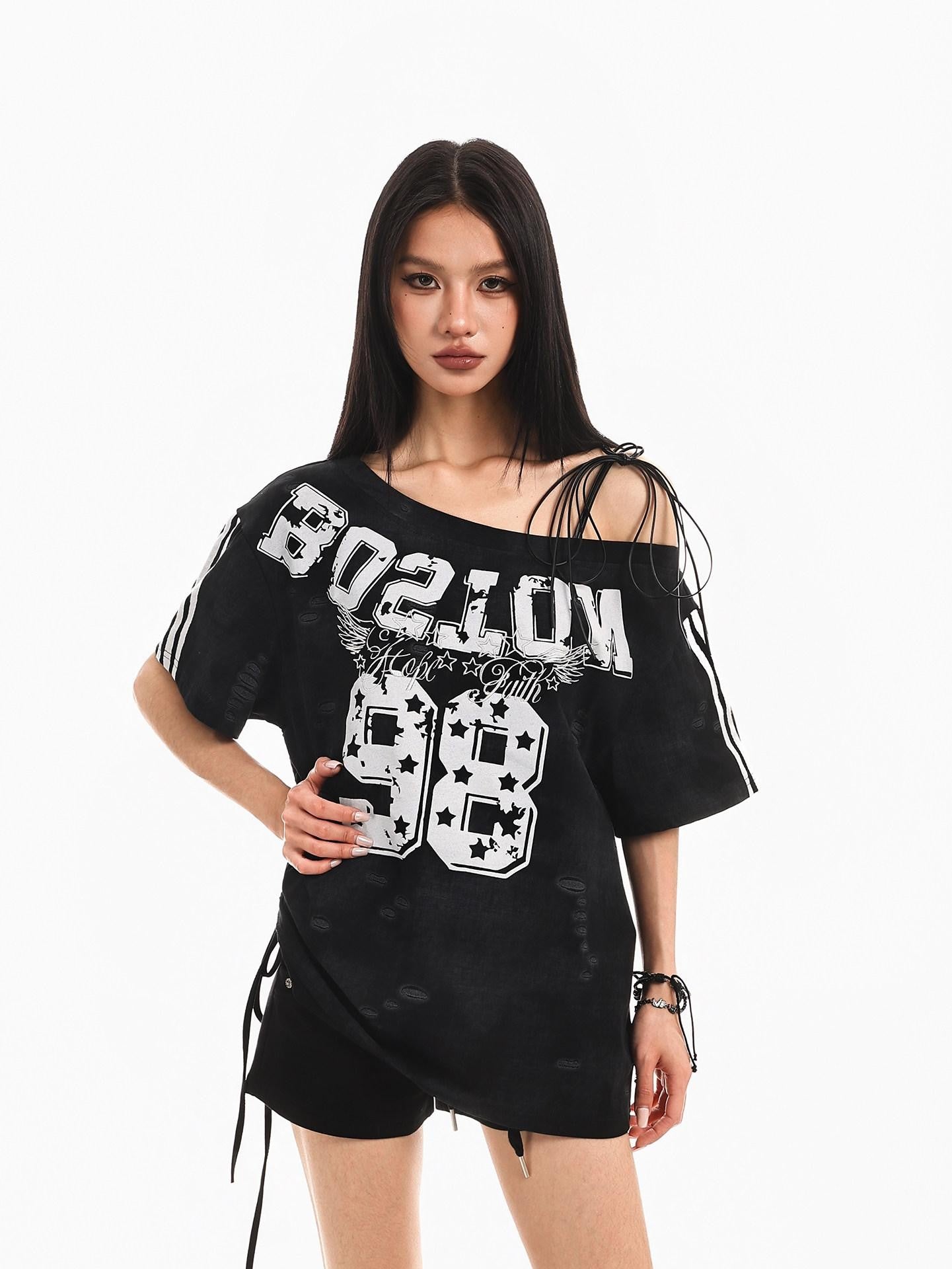 XPKAEAX Retro Print Distressed Tie One Shoulder Women's Breathable Short Sleeve T-shirts
