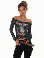 XPKAEAX Retro Star Print One Shoulder Slim Fit Women's Long Sleeve T-shirts 959157609733