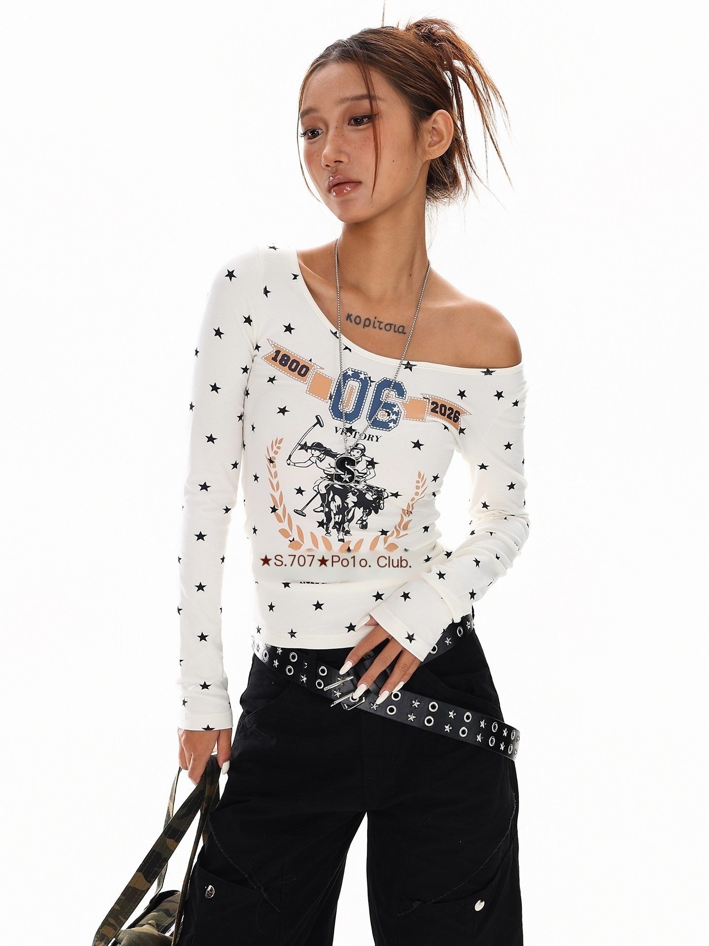 XPKAEAX Retro Star Print One Shoulder Slim Fit Women's Long Sleeve T-shirts 959157609733