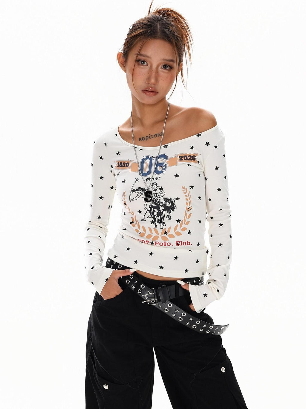 XPKAEAX Retro Star Print One Shoulder Slim Fit Women's Long Sleeve T-shirts