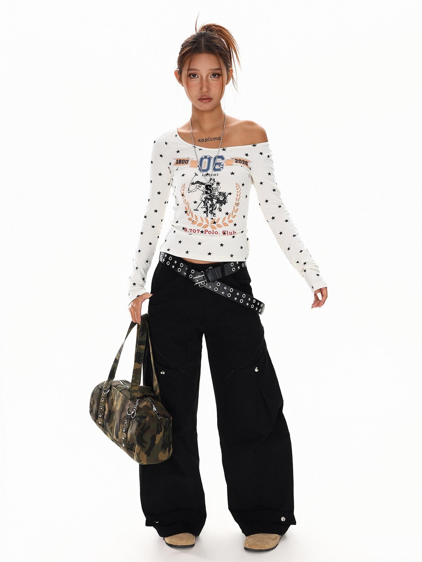 XPKAEAX Retro Star Print One Shoulder Slim Fit Women's Long Sleeve T-shirts