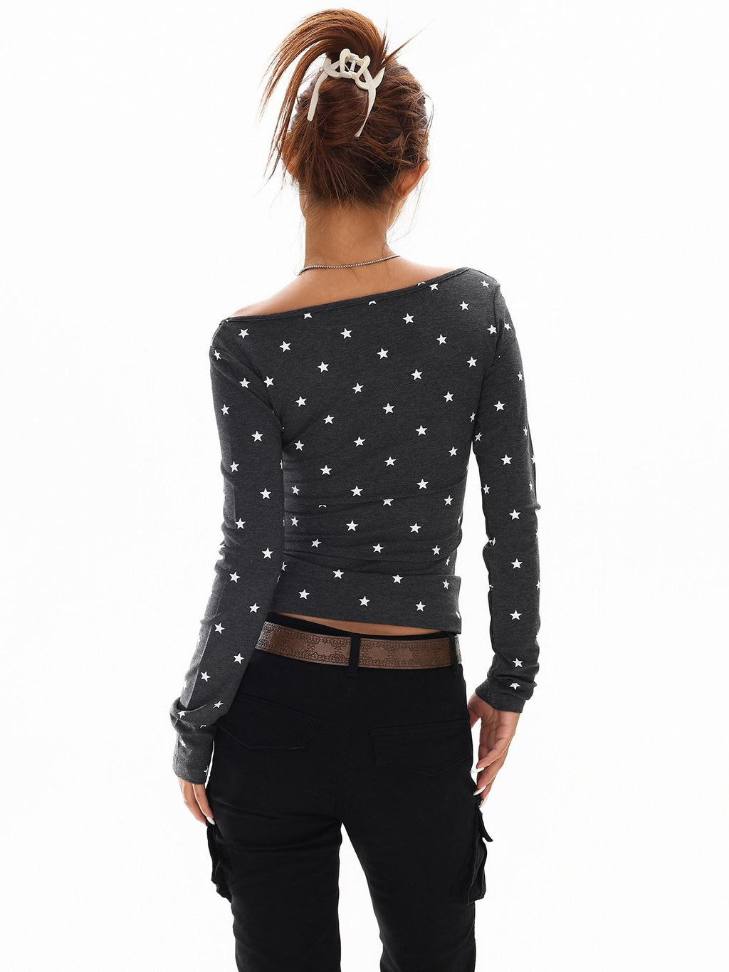 XPKAEAX Retro Star Print One Shoulder Slim Fit Women's Long Sleeve T-shirts