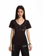 XPKAEAX Retro Wing Embroidered Studded V-neck Women's Short Sleeve T-shirts