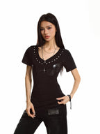 XPKAEAX Retro Wing Embroidered Studded V-neck Women's Short Sleeve T-shirts
