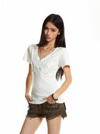 XPKAEAX Retro Wing Embroidered Studded V-neck Women's Short Sleeve T-shirts