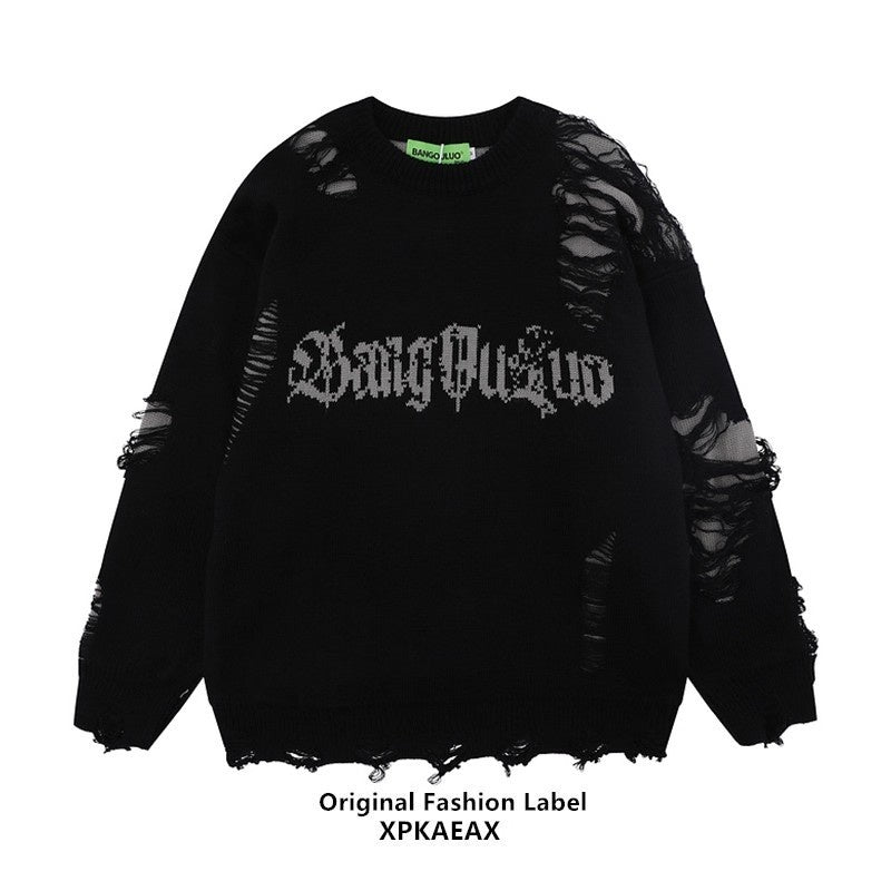 XPKAEAX Ripped Frayed Letter Jacquard Oversized Women's Knit Sweatshirts 749734042322