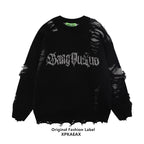 XPKAEAX Ripped Frayed Letter Jacquard Oversized Women's Knit Sweatshirts 749734042322