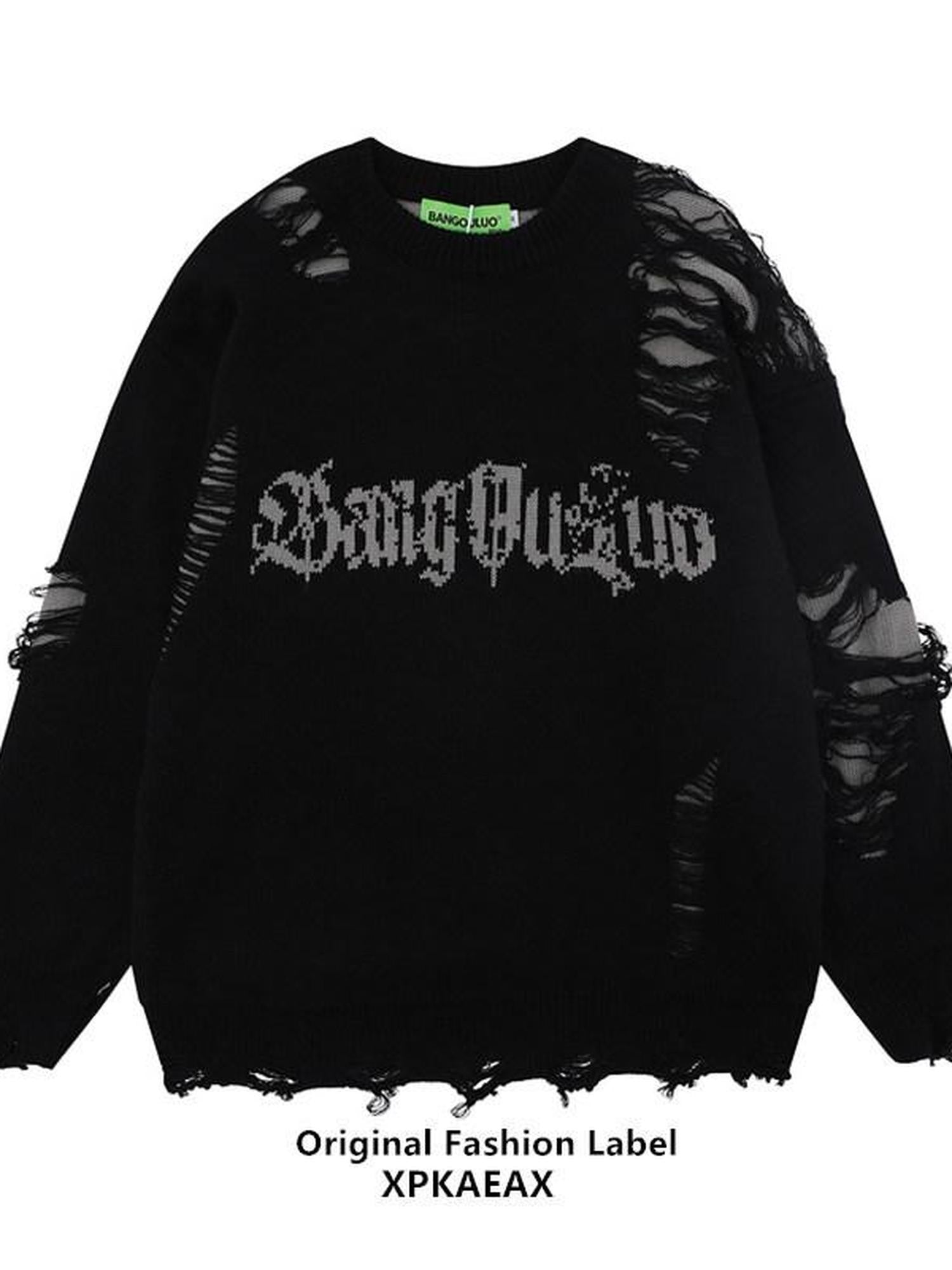 XPKAEAX Ripped Frayed Letter Jacquard Oversized Women's Knit Sweatshirts