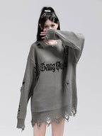 XPKAEAX Ripped Frayed Letter Jacquard Oversized Women's Knit Sweatshirts