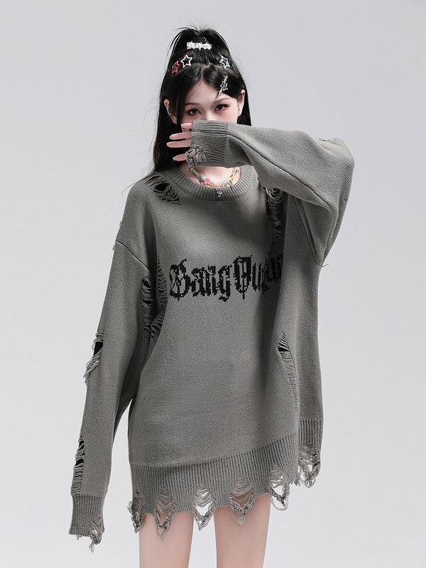 XPKAEAX Ripped Frayed Letter Jacquard Oversized Women's Knit Sweatshirts