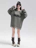 XPKAEAX Ripped Frayed Letter Jacquard Oversized Women's Knit Sweatshirts
