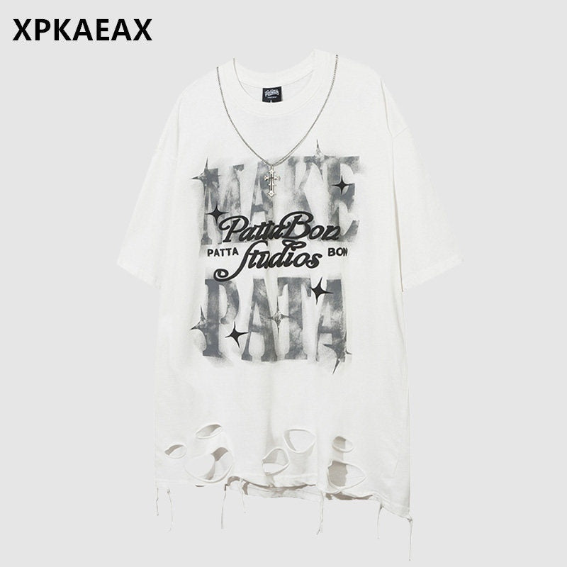 XPKAEAX Ripped Letter Print Oversized Drop Shoulder Women's Short Sleeve T-shirts 763075104552