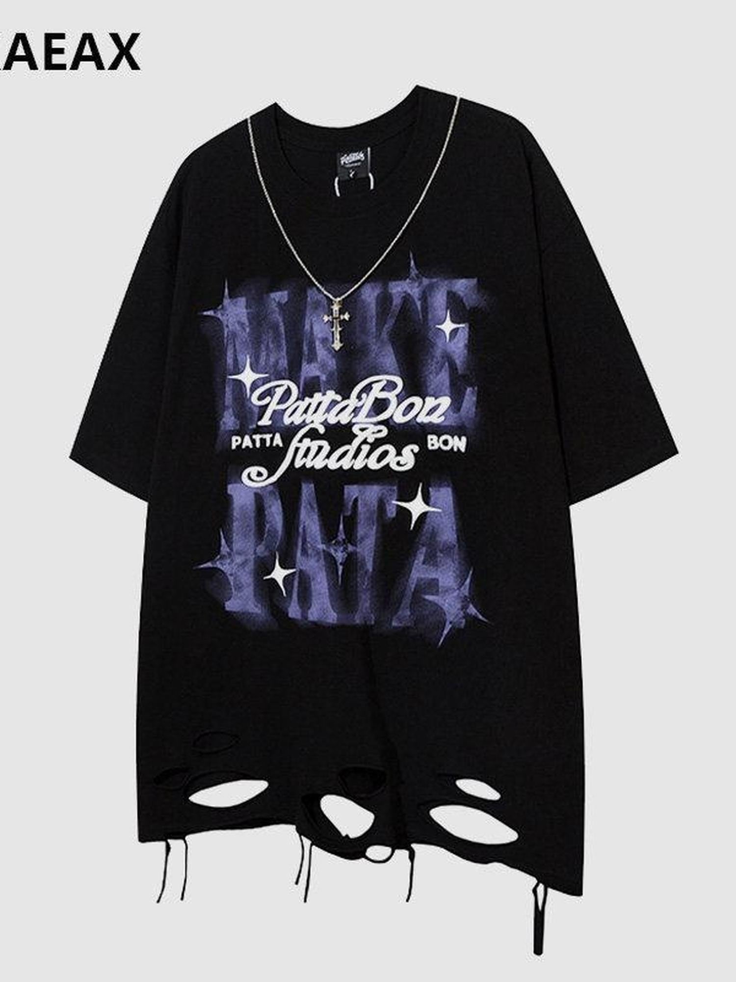 XPKAEAX Ripped Letter Print Oversized Drop Shoulder Women's Short Sleeve T-shirts