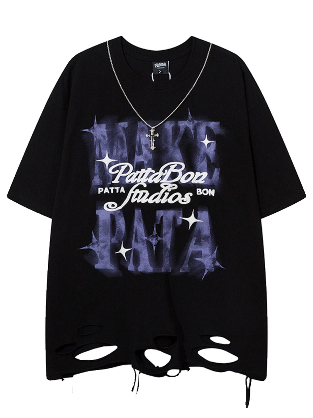 XPKAEAX Ripped Letter Print Oversized Drop Shoulder Women's Short Sleeve T-shirts