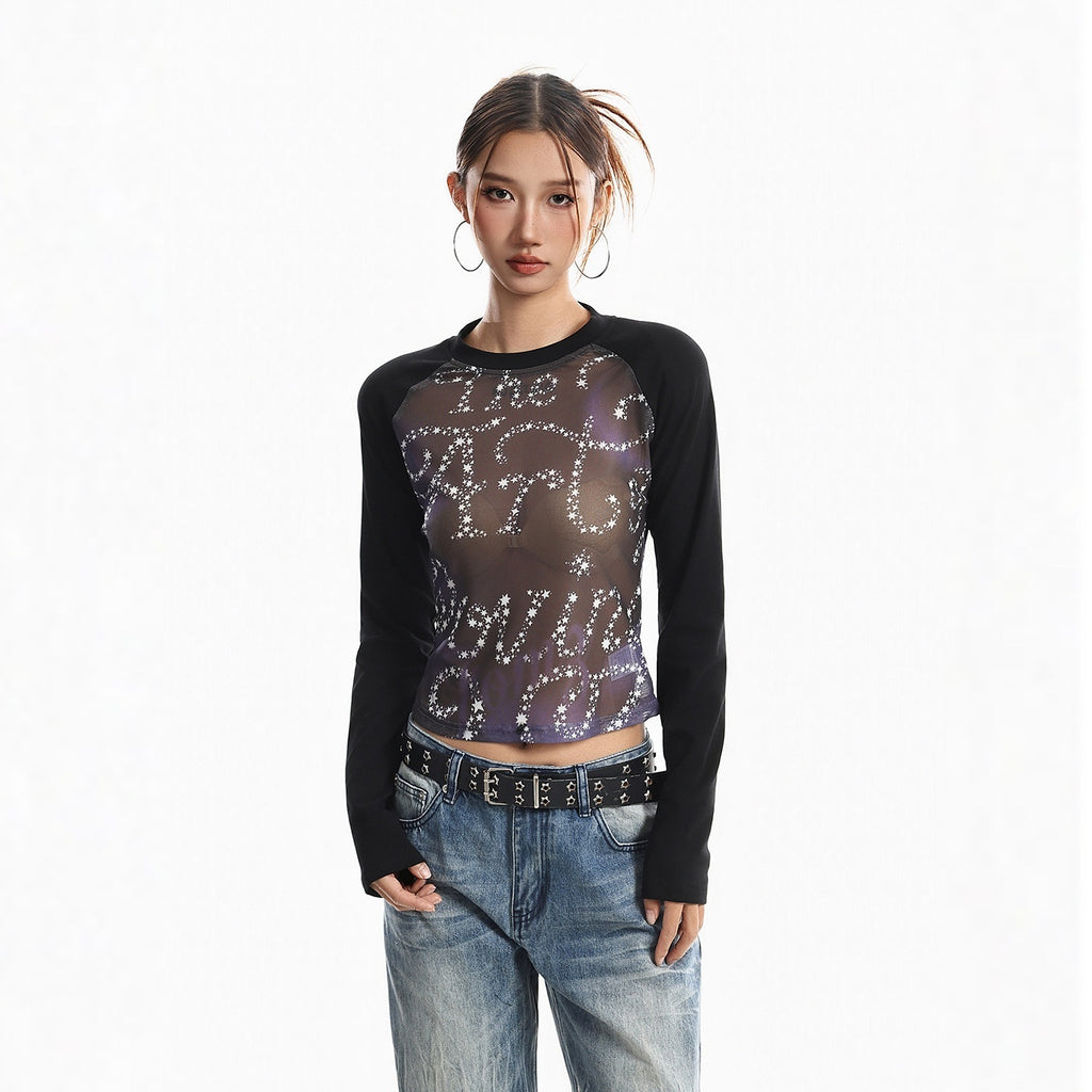 XPKAEAX Sheer Mesh Splice Retro Star Letter Print Cropped Women's Long Sleeve T-shirts 1015391385384