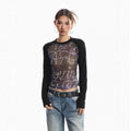 XPKAEAX Sheer Mesh Splice Retro Star Letter Print Cropped Women's Long Sleeve T-shirts 1015391385384