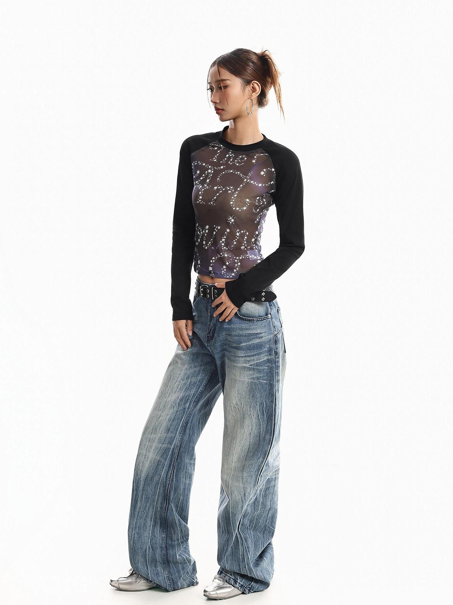 XPKAEAX Sheer Mesh Splice Retro Star Letter Print Cropped Women's Long Sleeve T-shirts
