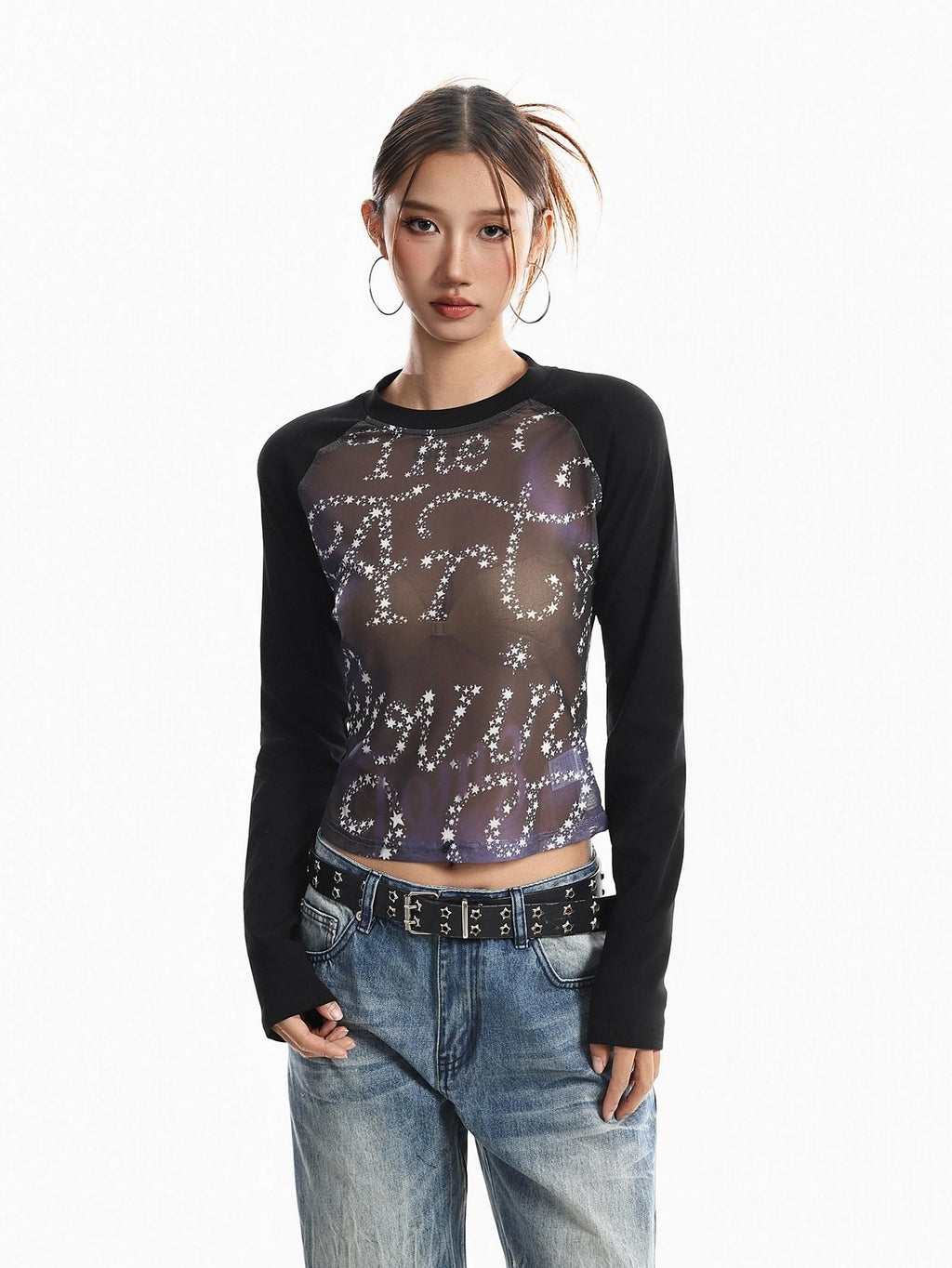 XPKAEAX Sheer Mesh Splice Retro Star Letter Print Cropped Women's Long Sleeve T-shirts