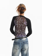 XPKAEAX Sheer Mesh Splice Retro Star Letter Print Cropped Women's Long Sleeve T-shirts
