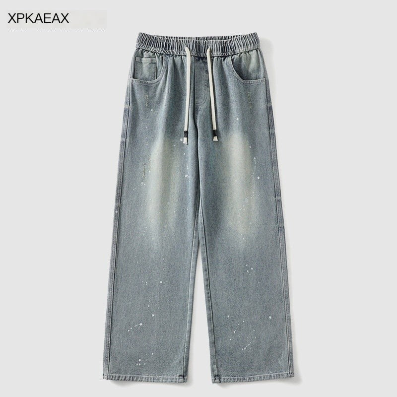 XPKAEAX Splash Ink Print Washed Vintage Straight Women's Wide-leg Jeans 772471813273