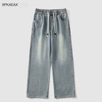 XPKAEAX Splash Ink Print Washed Vintage Straight Women's Wide-leg Jeans 772471813273