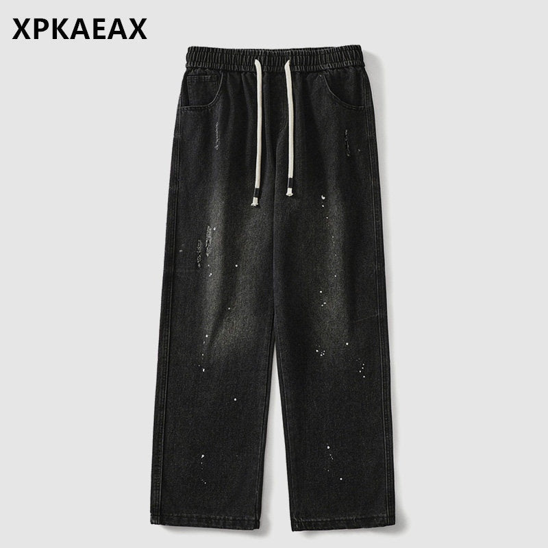 XPKAEAX Splash Ink Print Washed Vintage Straight Women's Wide-leg Jeans 772471813273