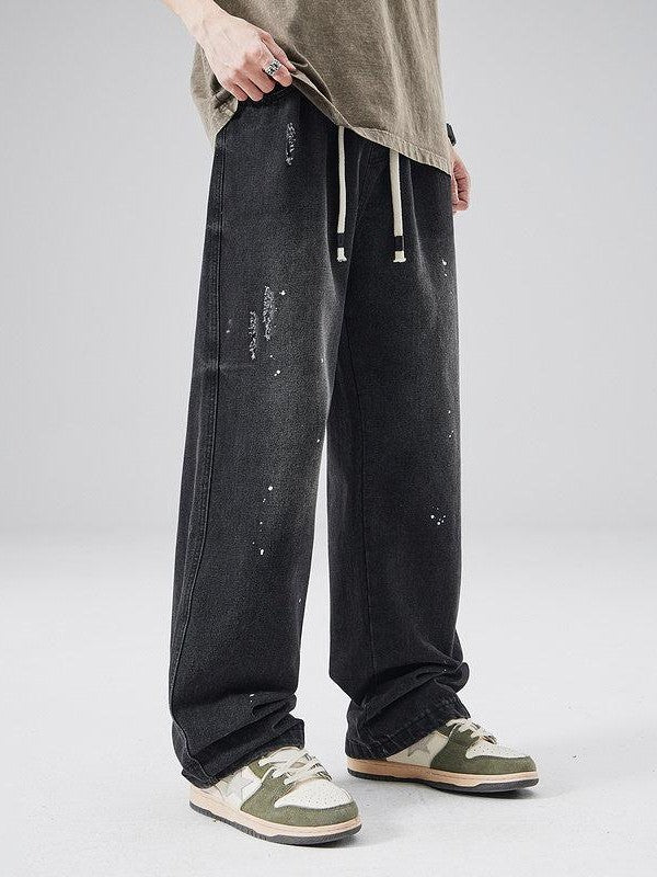 XPKAEAX Splash Ink Print Washed Vintage Straight Women's Wide-leg Jeans