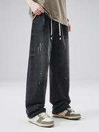 XPKAEAX Splash Ink Print Washed Vintage Straight Women's Wide-leg Jeans