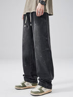 XPKAEAX Splash Ink Print Washed Vintage Straight Women's Wide-leg Jeans