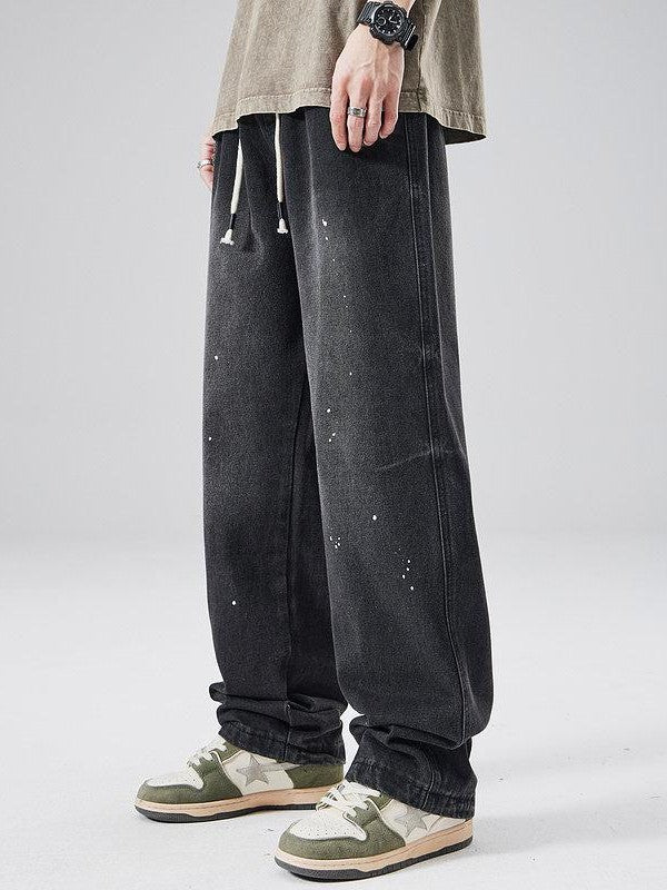 XPKAEAX Splash Ink Print Washed Vintage Straight Women's Wide-leg Jeans