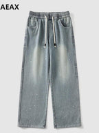 XPKAEAX Splash Ink Print Washed Vintage Straight Women's Wide-leg Jeans