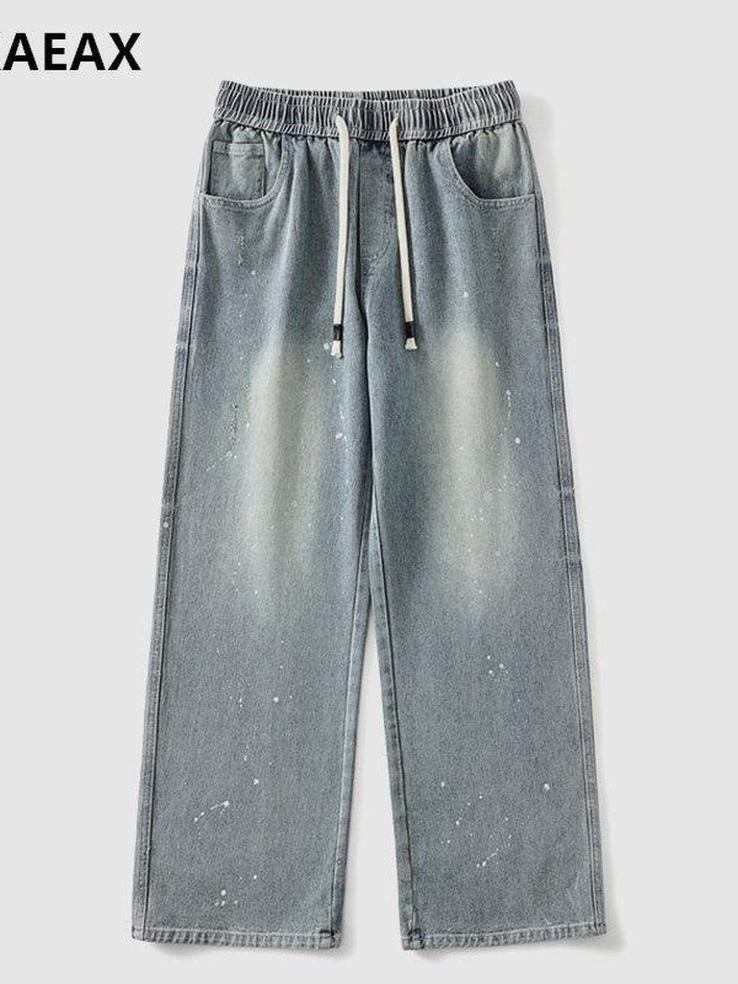 XPKAEAX Splash Ink Print Washed Vintage Straight Women's Wide-leg Jeans