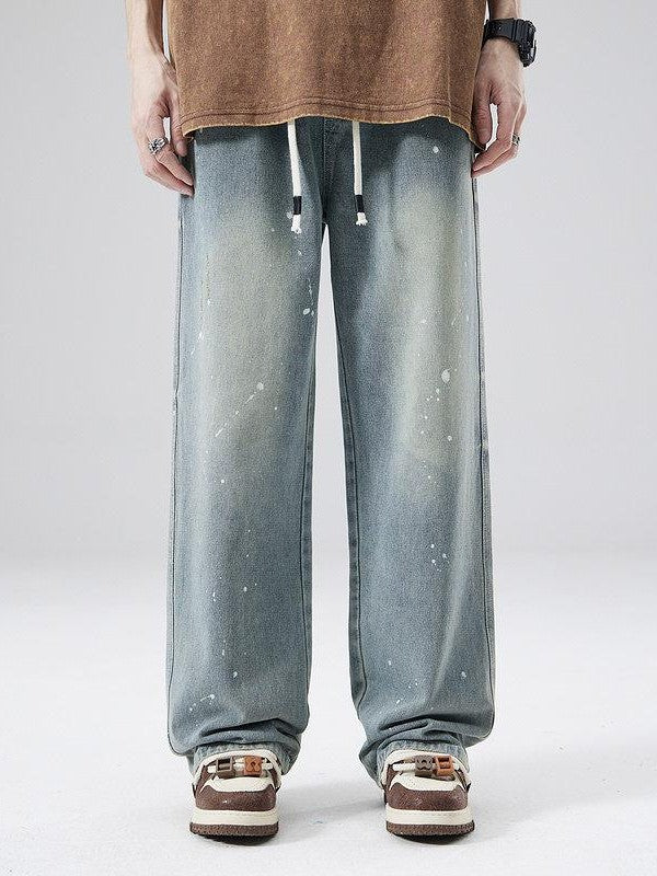 XPKAEAX Splash Ink Print Washed Vintage Straight Women's Wide-leg Jeans
