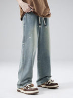 XPKAEAX Splash Ink Print Washed Vintage Straight Women's Wide-leg Jeans