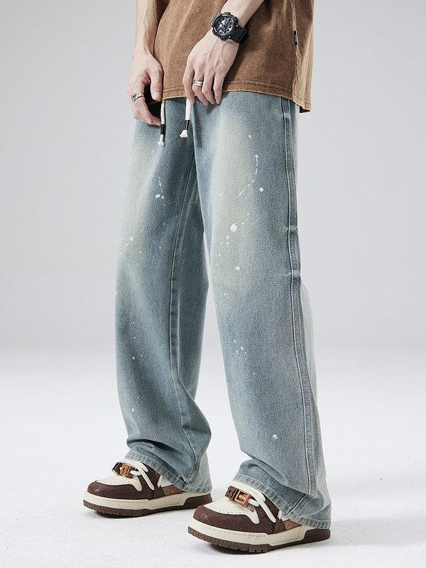 XPKAEAX Splash Ink Print Washed Vintage Straight Women's Wide-leg Jeans