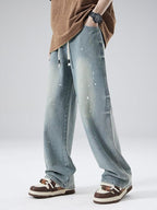 XPKAEAX Splash Ink Print Washed Vintage Straight Women's Wide-leg Jeans
