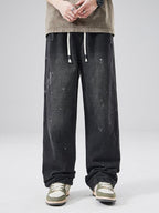 XPKAEAX Splash Ink Print Washed Vintage Straight Women's Wide-leg Jeans