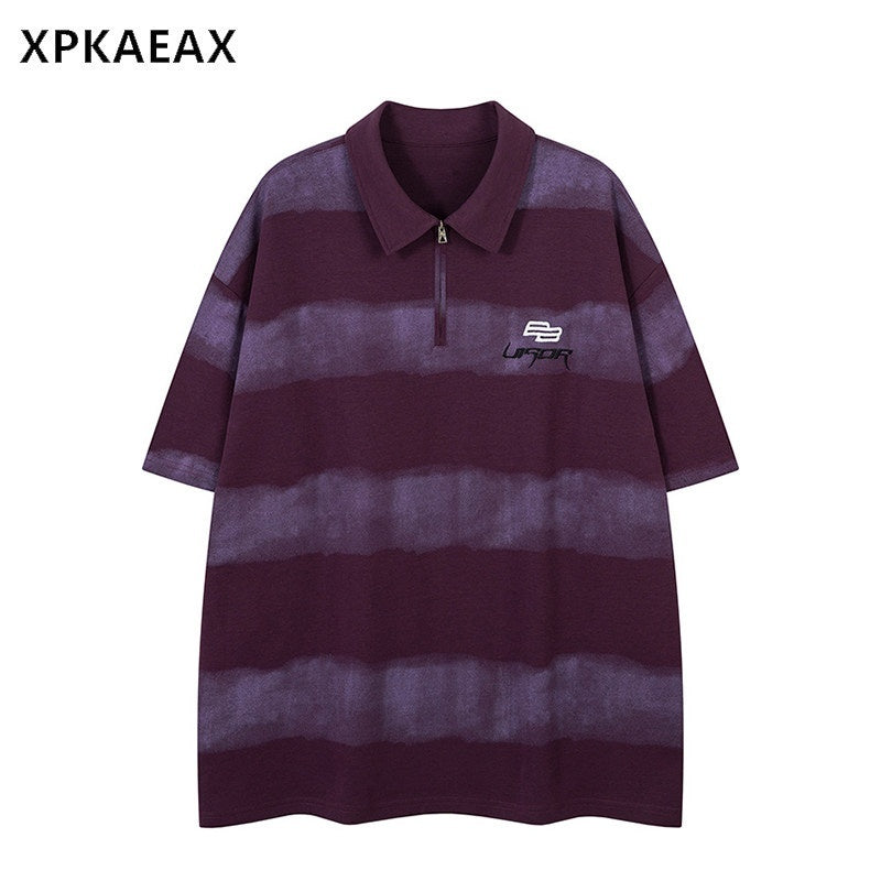 XPKAEAX Spray Paint Stripe Letter Print Polo Collar Women's Short Sleeve T-shirts 886131858916