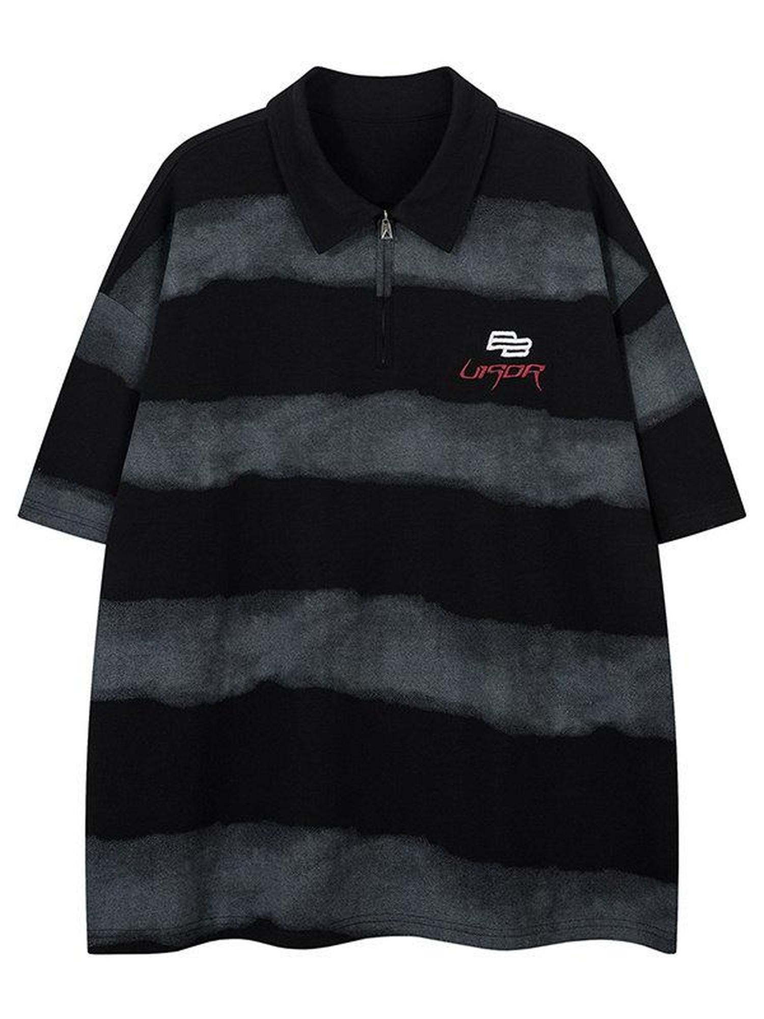 XPKAEAX Spray Paint Stripe Letter Print Polo Collar Women's Short Sleeve T-shirts