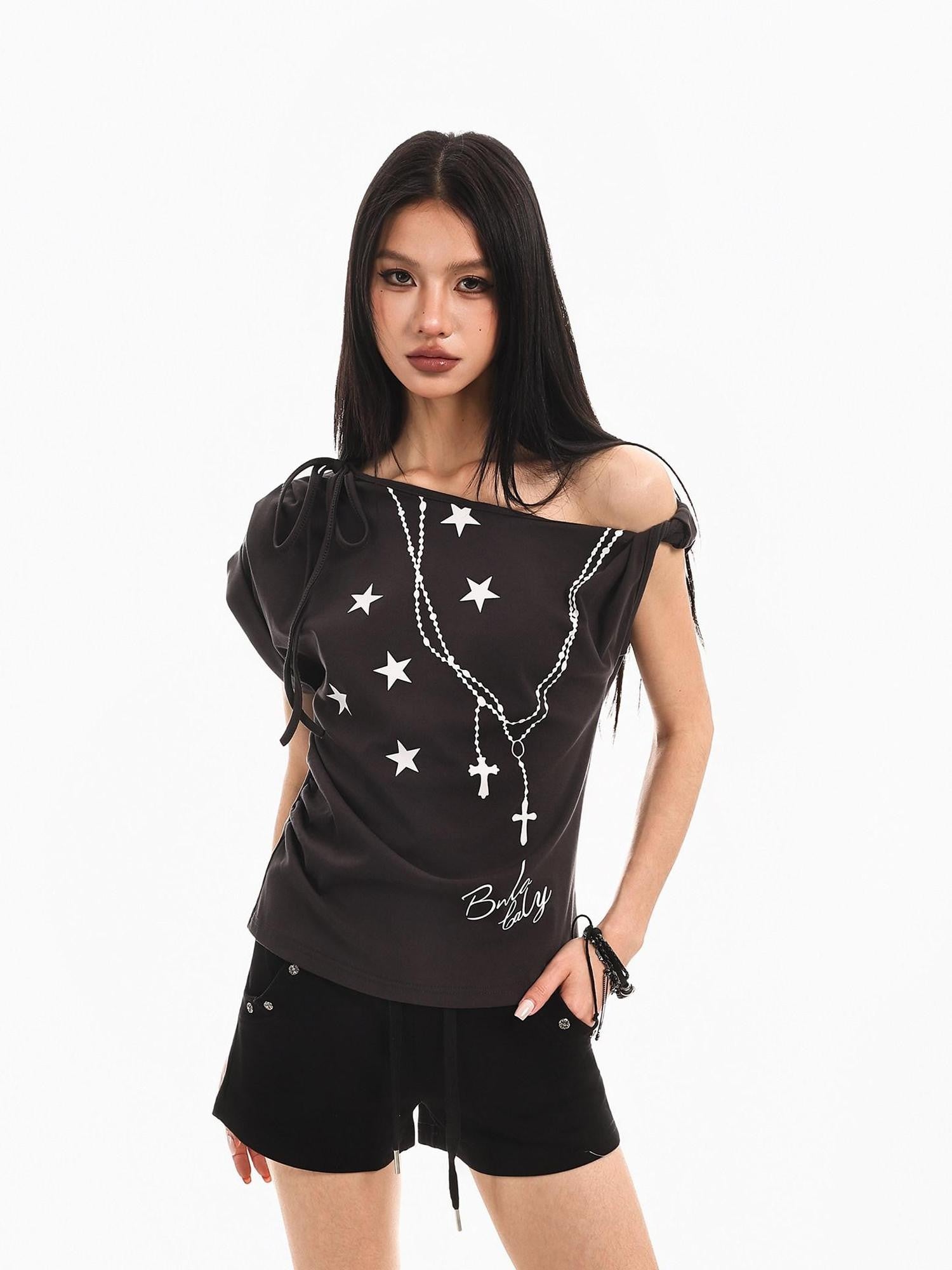 XPKAEAX Star Print Tie Off Shoulder Asymmetric Neck Slim Women's Short Sleeve T-shirts