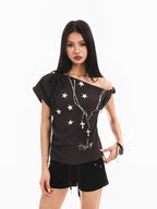 XPKAEAX Star Print Tie Off Shoulder Asymmetric Neck Slim Women's Short Sleeve T-shirts