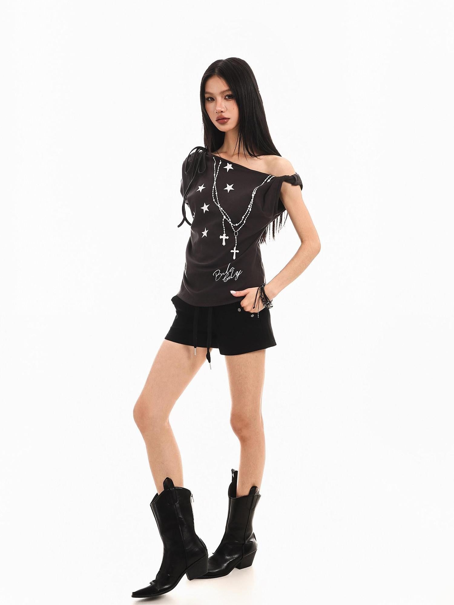 XPKAEAX Star Print Tie Off Shoulder Asymmetric Neck Slim Women's Short Sleeve T-shirts